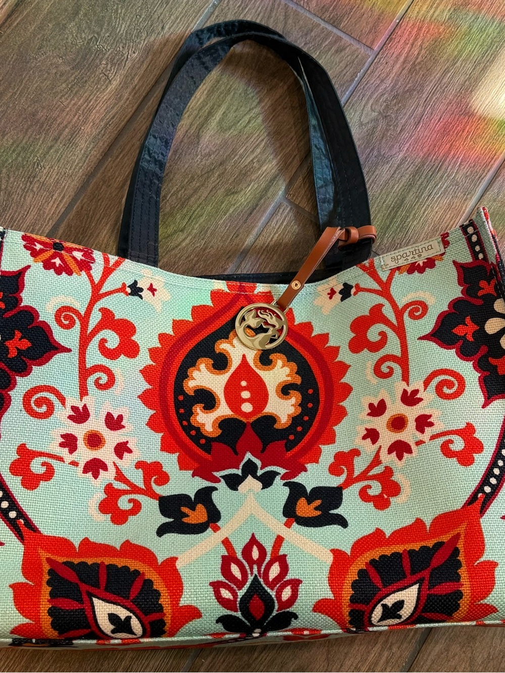 Spartina 449 Aqua Canvas Tote with Red & Navy Floral Motif